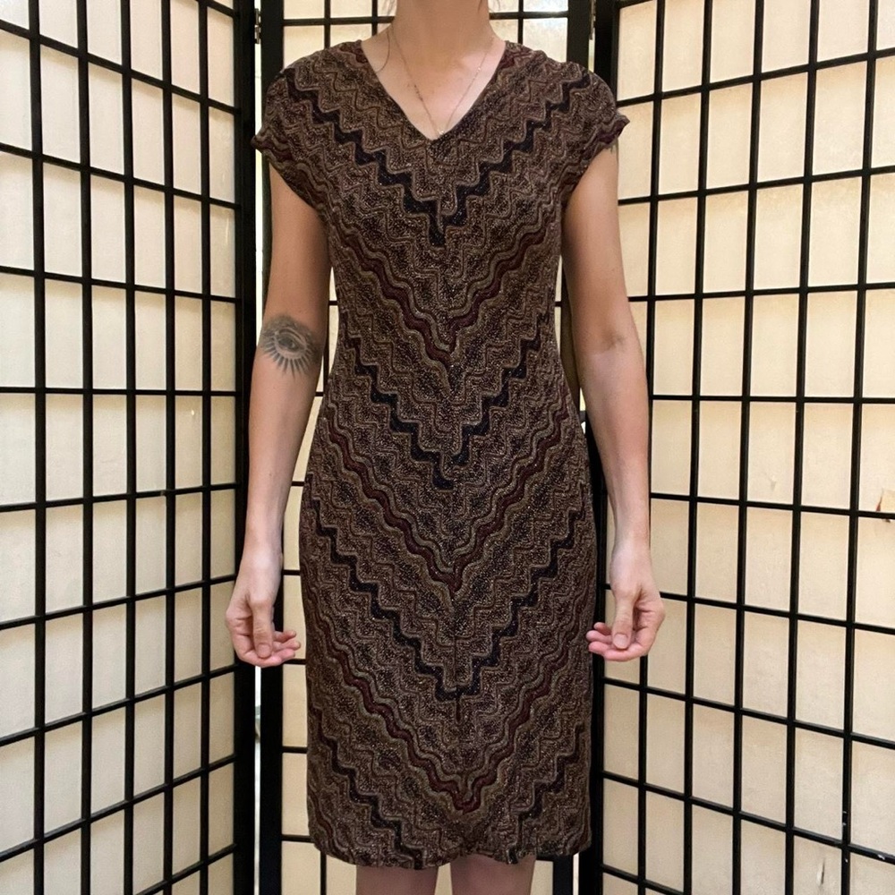 Brown and black beaded short sleeve midi dress‎ vintage 90s